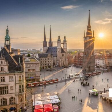 Aerial view of the market square in Halle (Saale) at sunset