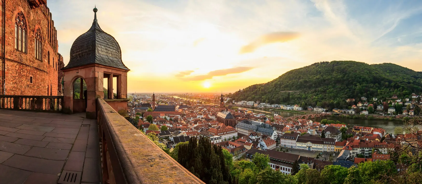 View from the Heidelberg Castle onto the city during sundown