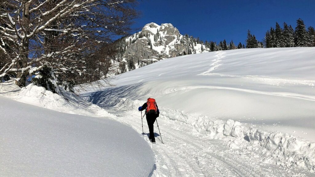 Eine Person wandertm it Stöcken durch eine verschneite Landschaft einen Hügel hinauf, im Hintergrund ein einsamer Berggipfel