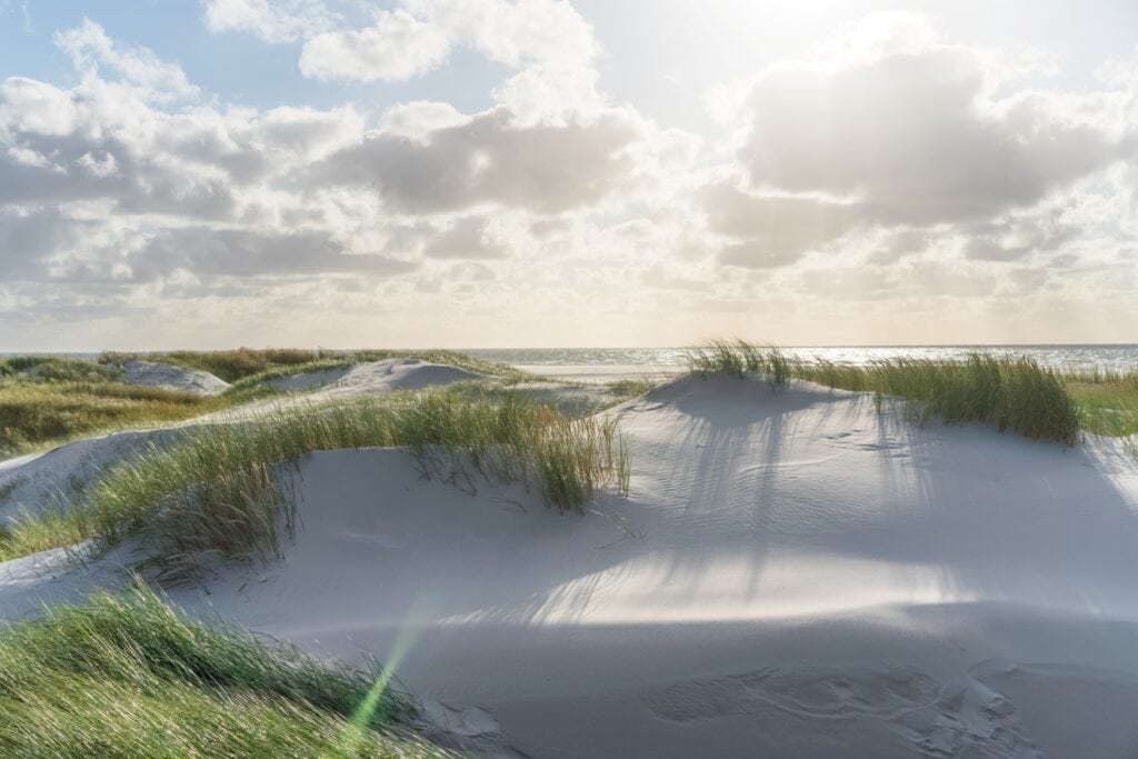 Detailaufnahme einer hellen Sanddüne mit einigen Büscheln Strandhafer darauf. Hinter der Düne wird das Meer am Horizont erkennbar. Die Sonne stiehlt sich hell zwischen einigen Wolken hervor.