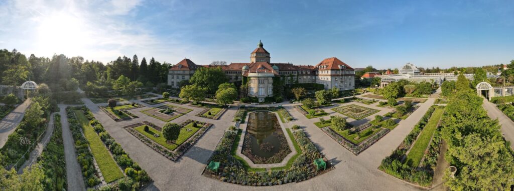 Panoramic view of the Botanical Gardens in Munich, a sustainable recreational area