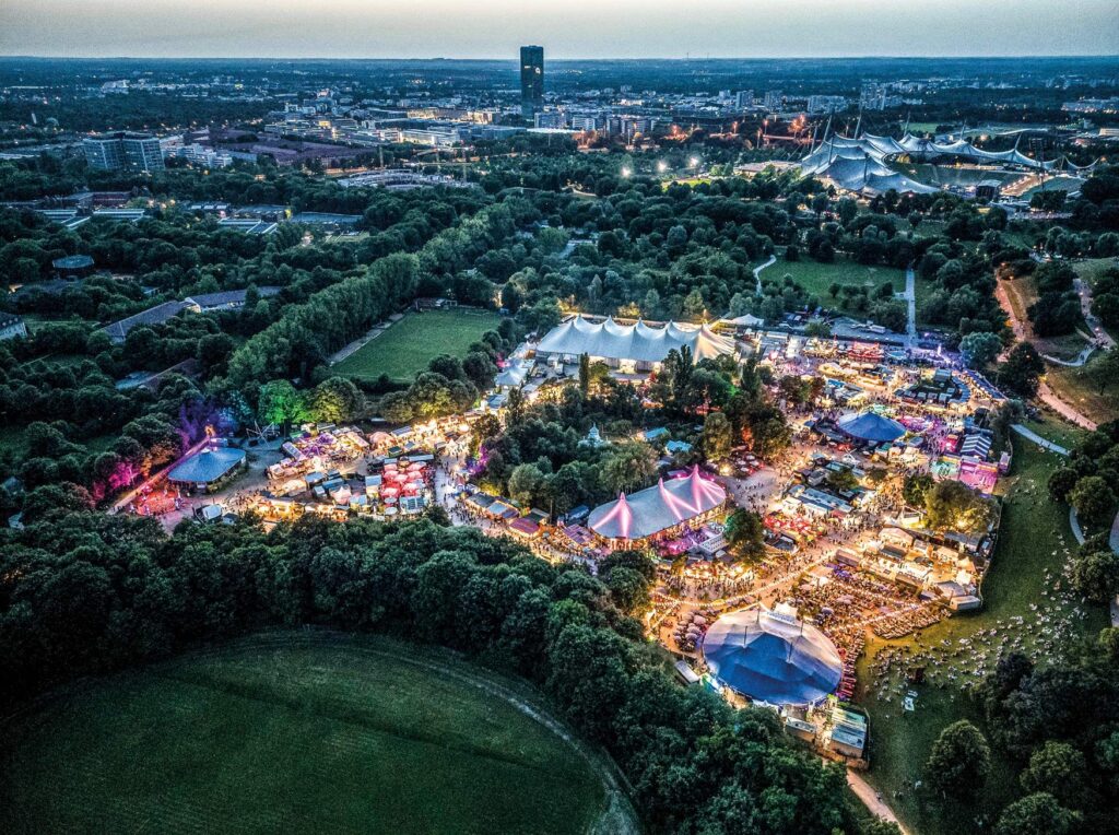 Aerial view of the Tollwood Festival in summer