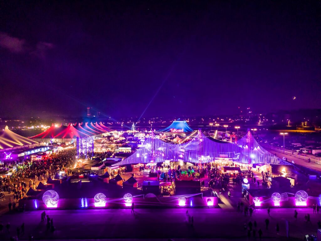 Aerial view of the Tollwood Festival in winter