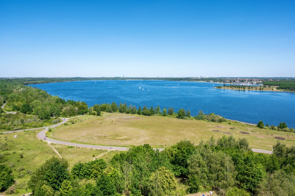 Panoramic view of Lake Cospuden in summer