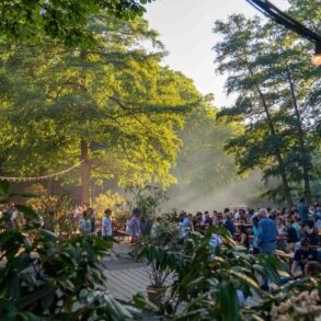 Viele Menschen sitzen im begrünten Biergarten Café am Neuen See in Berlin