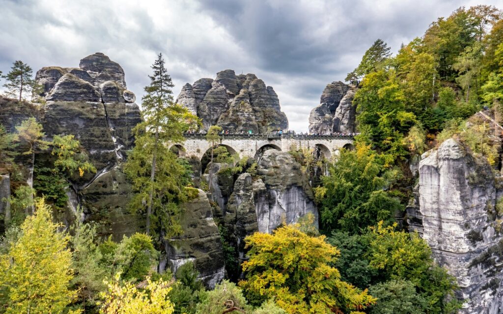 Wooded rock formation in Saxon Switzerland, a popular excursion destination, even on long weekends