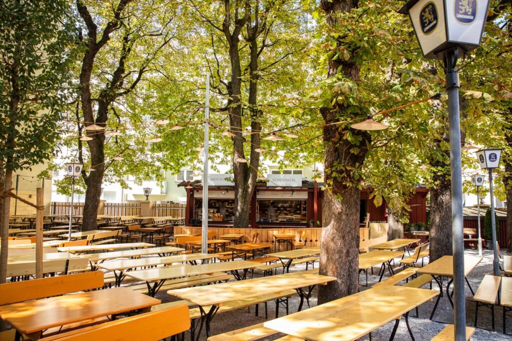 Empty benches in the Max Emanuel beer garden in Munich