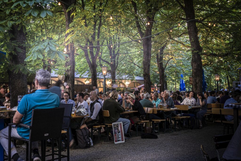 Many people sit in a beer garden that is covered by large trees