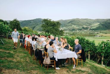 A picnic party sits at a laid table on a hill, with an idyllic Black Forest panorama in the background.