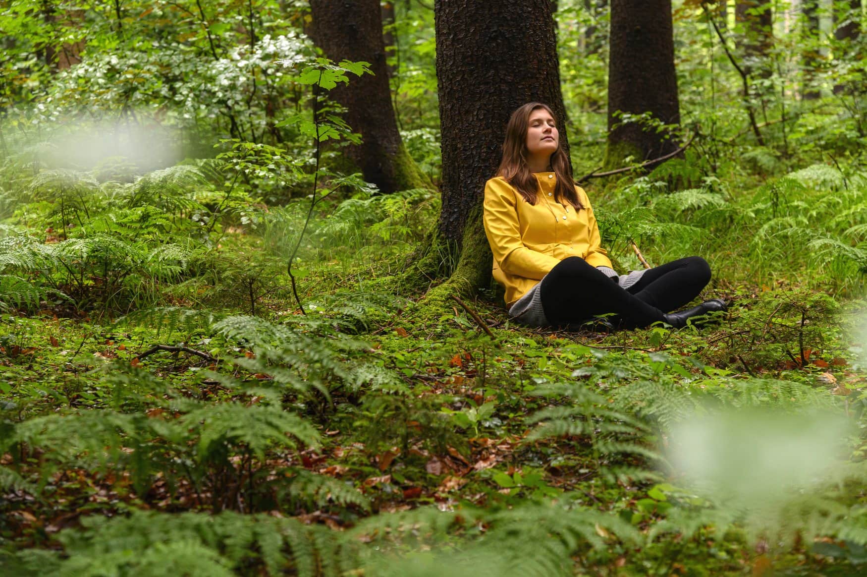 Eine Frau ruht unter einem Baum in einem dicht bewachsenen Wald