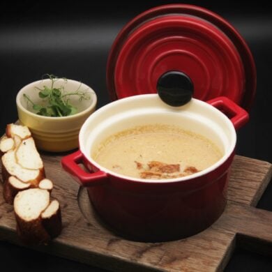 A chanterelle soup in a serving casserole