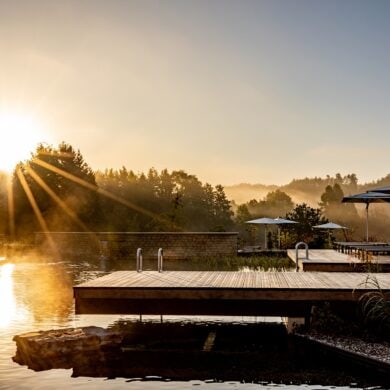 Außenbereich mit See im Wellnesshotel Pfalzblick Wald Spa Resort