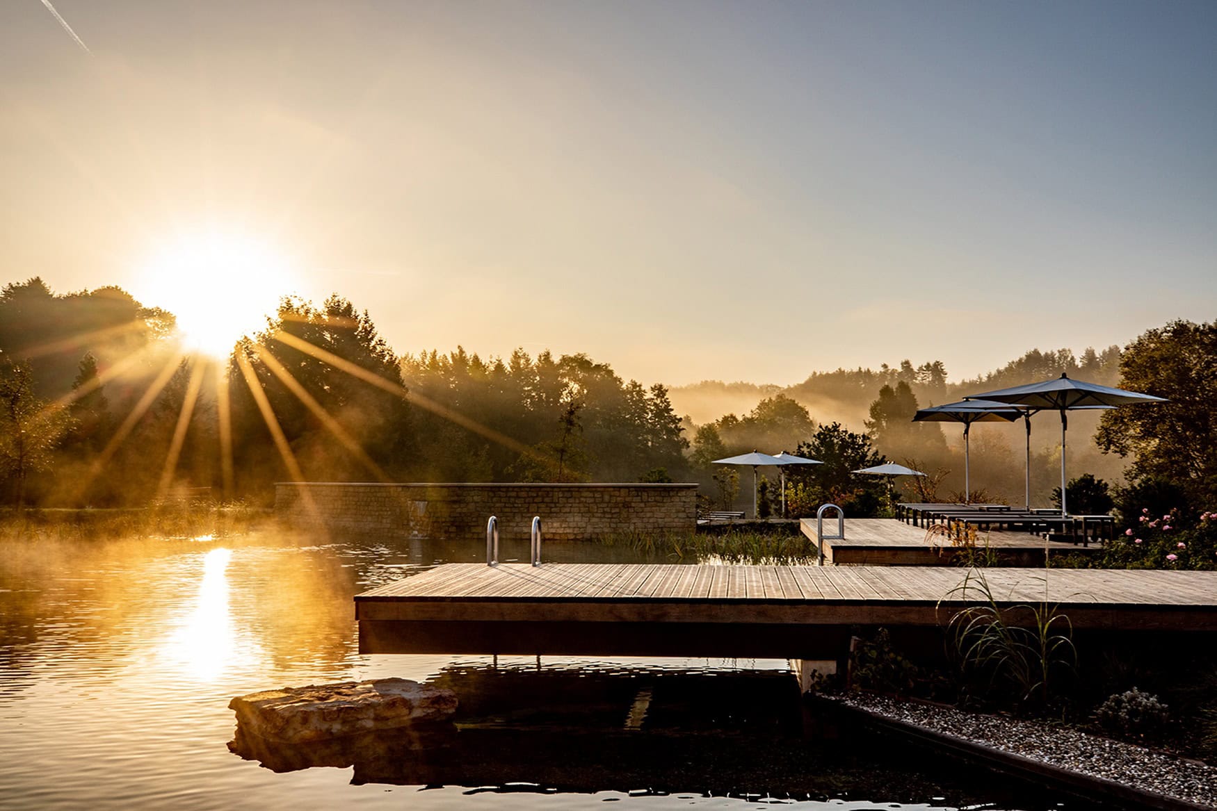 Außenbereich mit See im Wellnesshotel Pfalzblick Wald Spa Resort