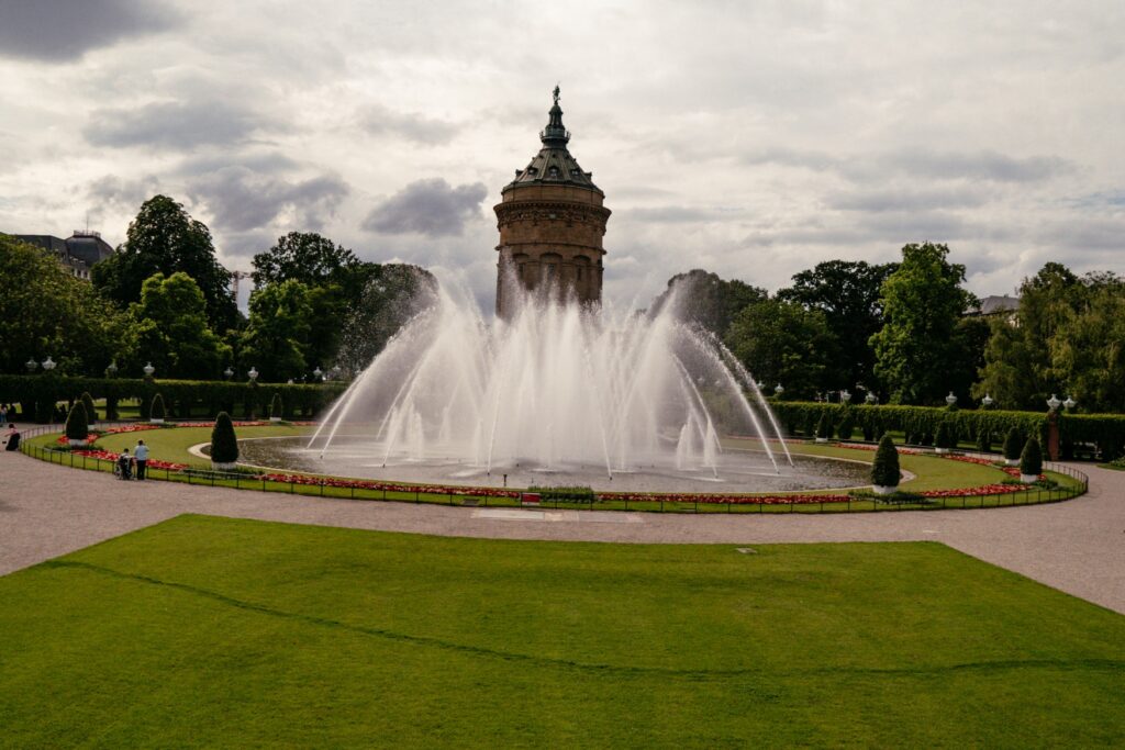 The Mannheim water tower with fountain in front of it