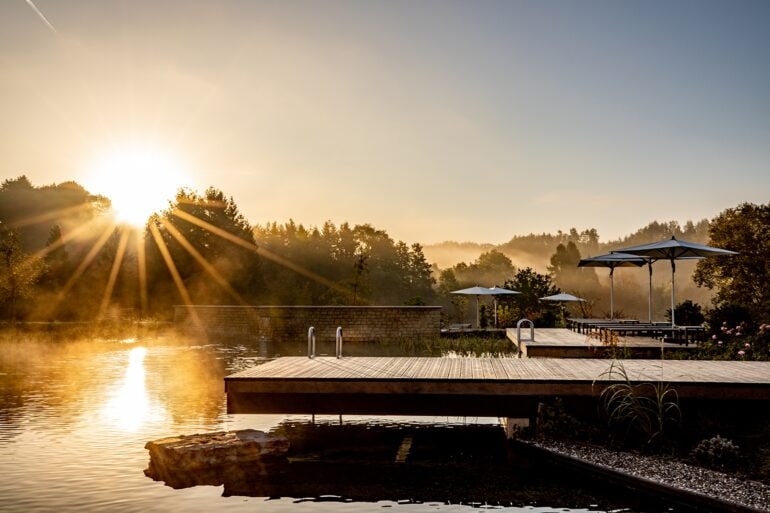 Outdoor area with lake at the wellness hotel Pfalzblick Wald Spa Resort