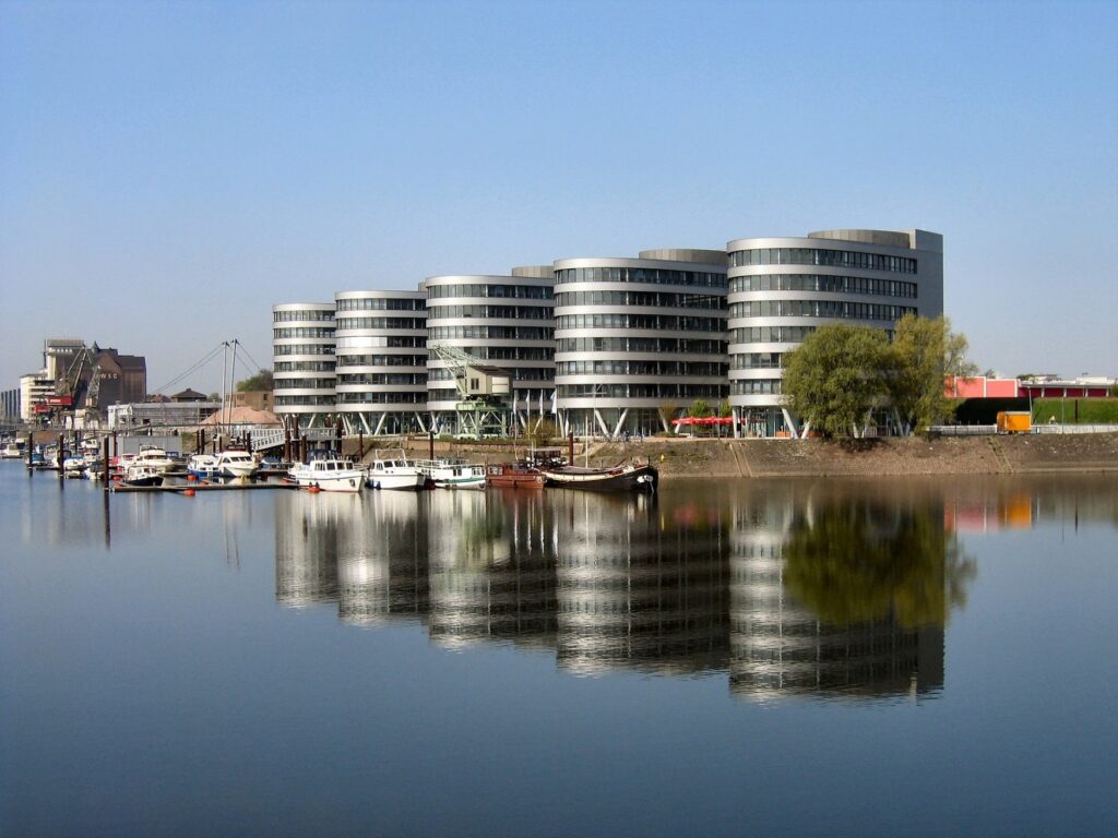 The Duisburg Inner Harbor in sunlight