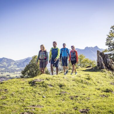 Vier Menschen wandern über eine grüne Hochwiese, im Hintergrund ein Alpenkamm