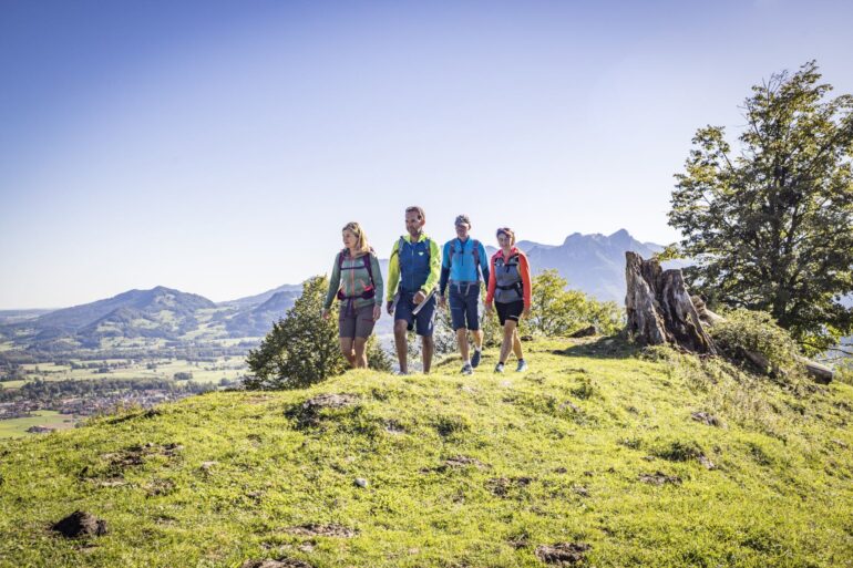 Vier Menschen wandern über eine grüne Hochwiese, im Hintergrund ein Alpenkamm