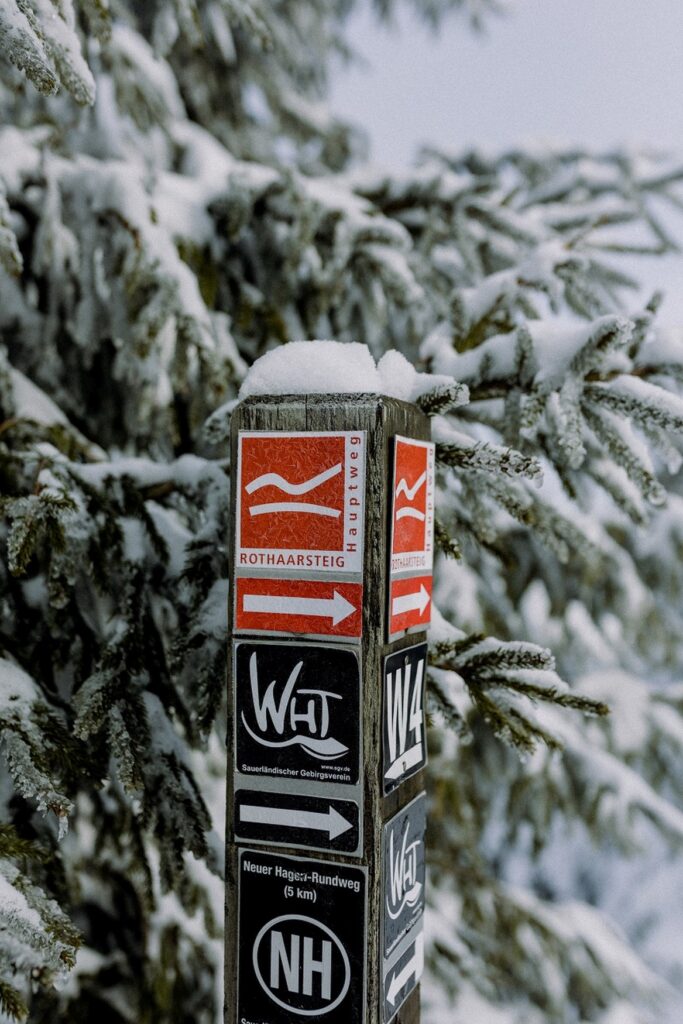 Signposts with hiking badges on the Rothaarsteig in Sauerland