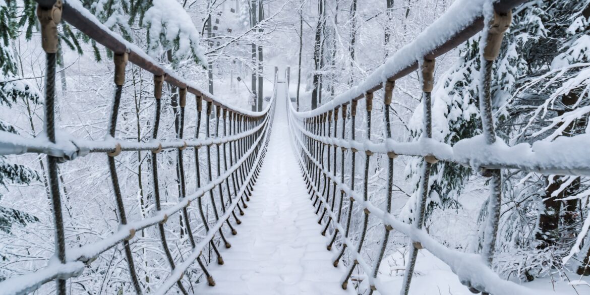 Eine lange Hängebrücke führt vom Betrachter über eine kleine Schlucht in einem dichten Nadelwald. Alles ist dick verschneit.