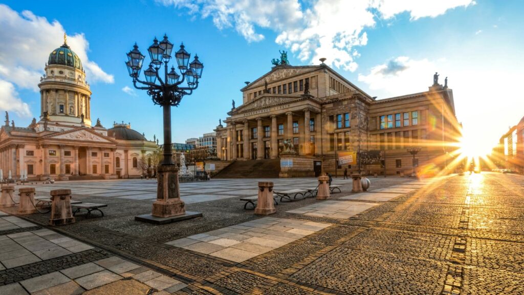 The Gendarmenmarkt in Berlin in bright sunshine, with the Konzerthaus in focus