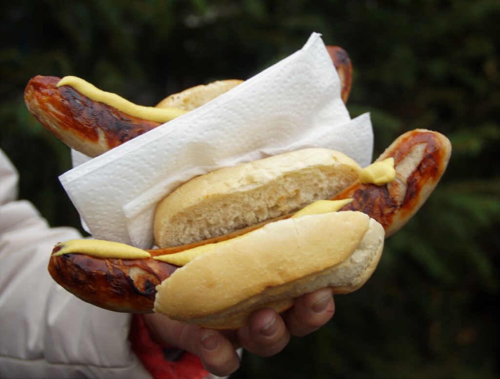 A person is holding two rolls with Thuringian grilled sausage and mustard