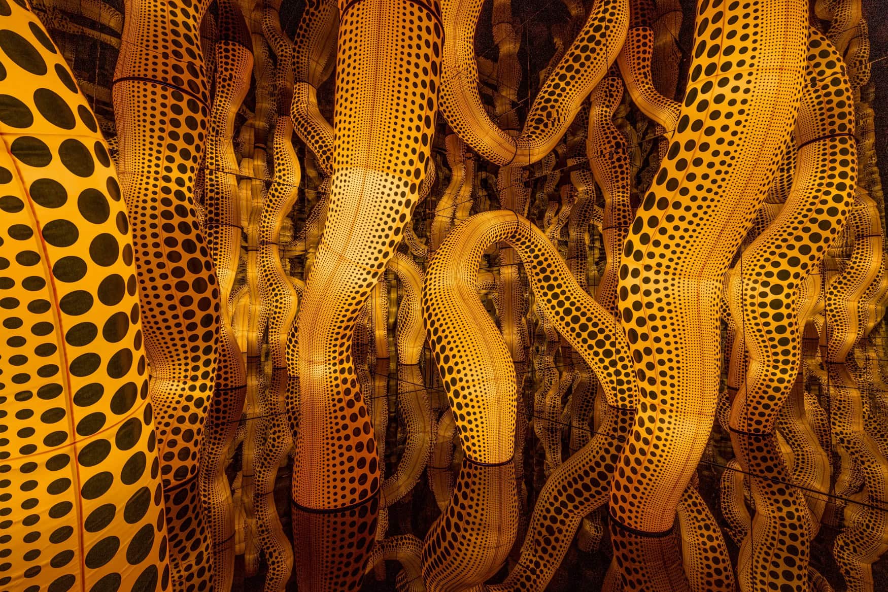 In einem verspiegelt Raum reichen zahlreiche gelbe, schwarz gepunktete Säulen vom Boden bis zur Decke.