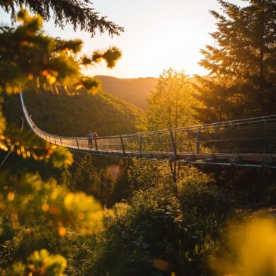 Die Geierlay-Brücke im Sonnenuntergang