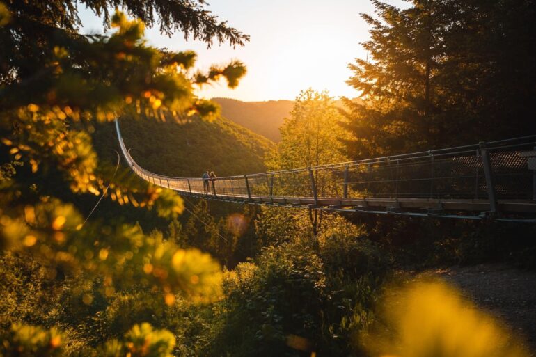 Die Geierlay-Brücke im Sonnenuntergang