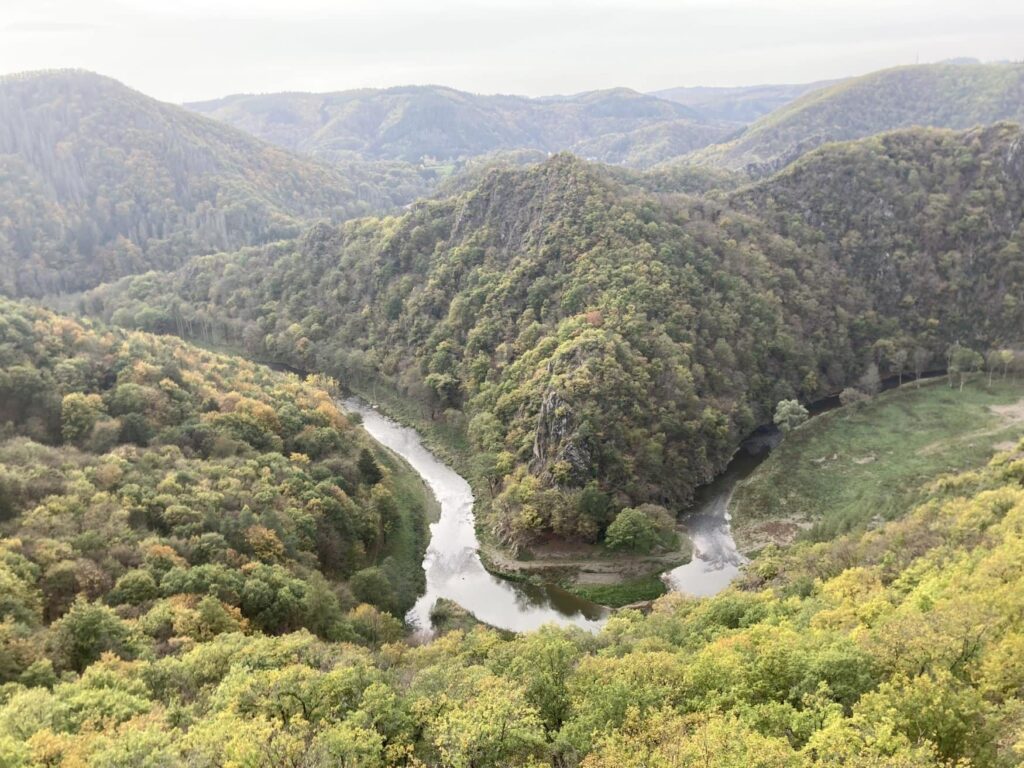 A loop of the Ahr river, surrounded by green wooded slopes
