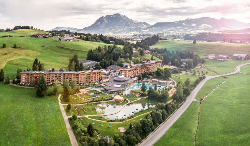 The spacious outdoor area of the Sonnenalp Resort