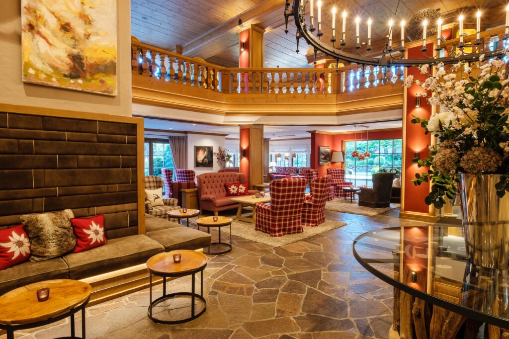 The elegant lobby of the Sonnenalp Resort, a luxury hotel in Germany