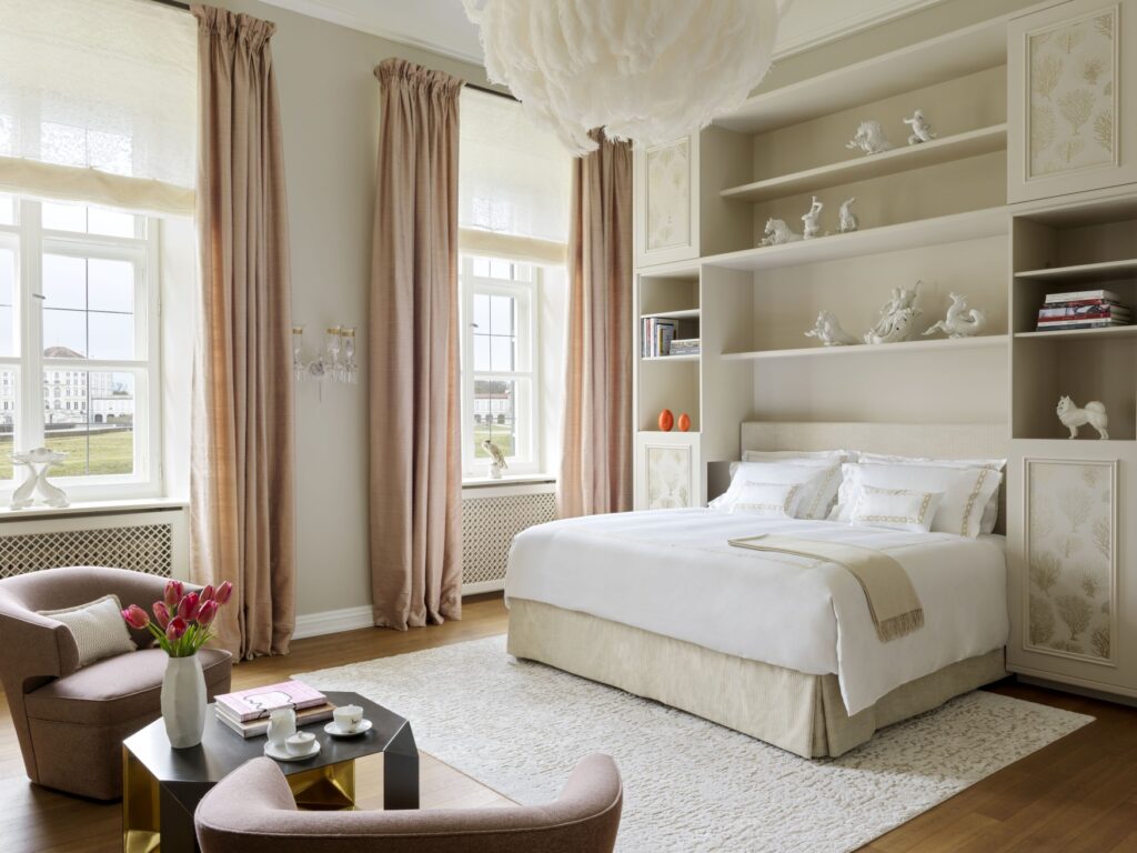 A bright bedroom at the Langham Nymphenburg Residence in Munich