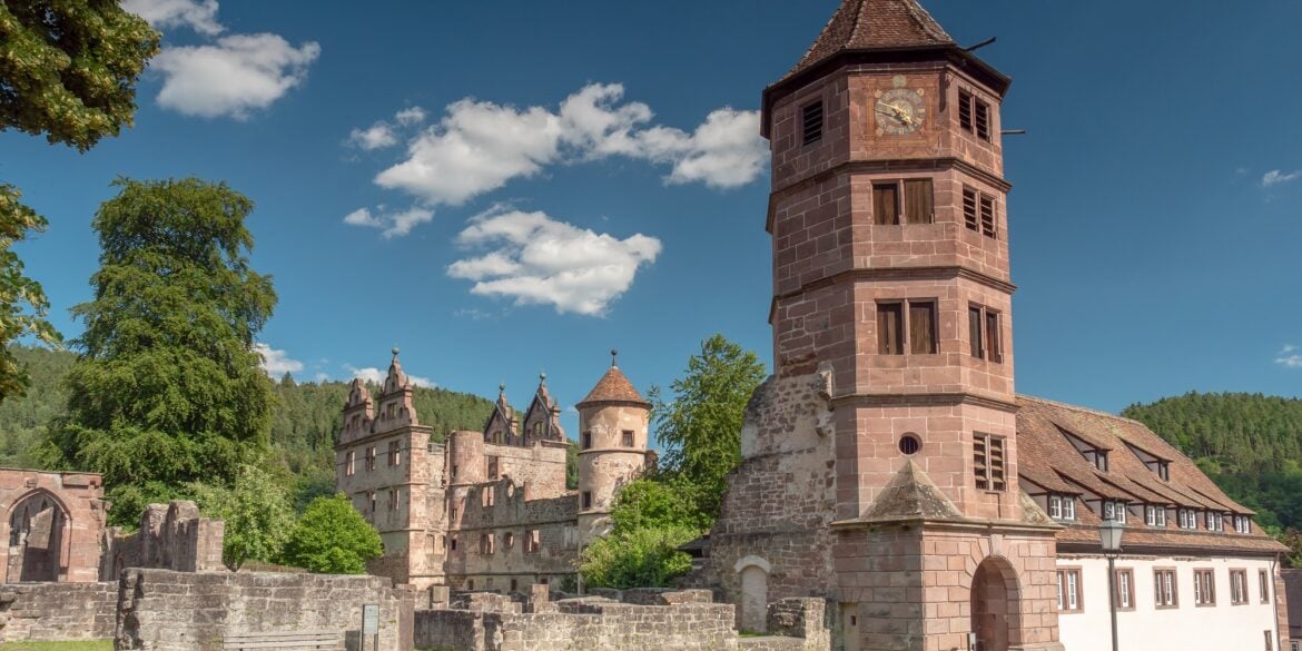 Eine mittelalterliche Kloster- und Schlossanlage aus rotem Sandstein: Links einige verfallene Mauern und der Rest eines Krezgangs, mittig ein vierstöckiger Palas ohne Dach, rechts ein hoher achteckiger Turm mit angebrachter Uhr
