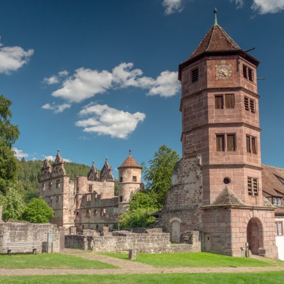 Eine mittelalterliche Kloster- und Schlossanlage aus rotem Sandstein: Links einige verfallene Mauern und der Rest eines Krezgangs, mittig ein vierstöckiger Palas ohne Dach, rechts ein hoher achteckiger Turm mit angebrachter Uhr