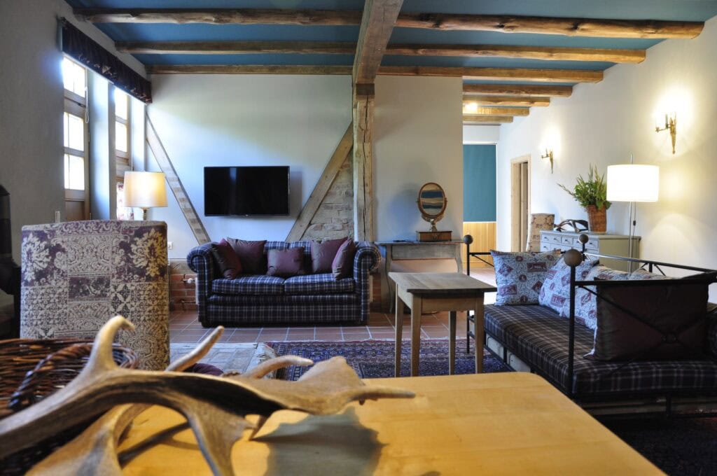 Eine Diele mit zwei Sofas, einem Fernseher an der Wand und teils freigelegtem Mauerwerk, darüber eine Balkendecke. Auf einem Tisch im Vordergrund liegt ein Geweih