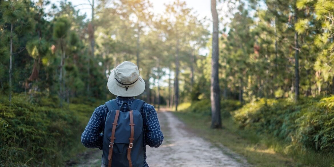 A man with a backpack and a fishing hat is traveling alone through a forest that could be in Germany; he is seen from behind.