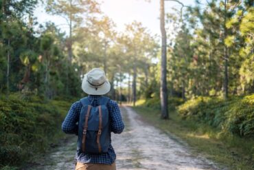 A man with a backpack and a fishing hat is traveling alone through a forest that could be in Germany; he is seen from behind.
