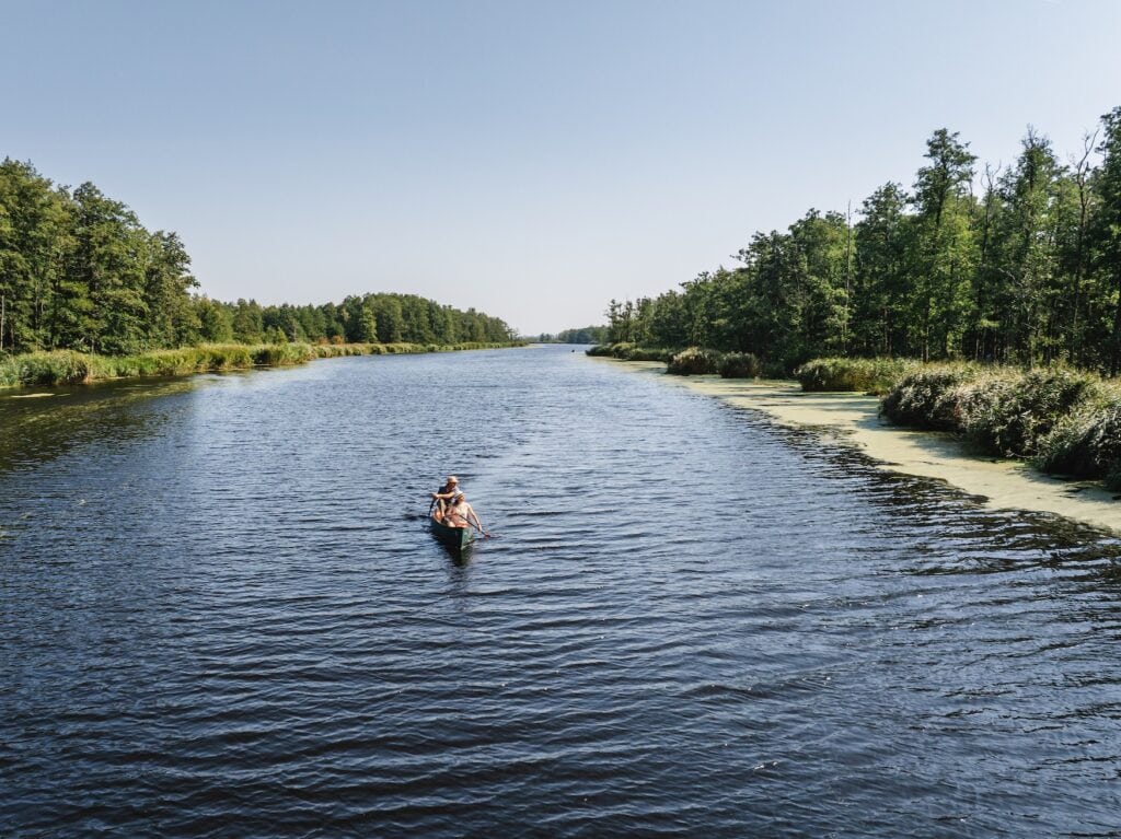 Ein breiter Fluss zieht sich bis zum Horizont. Im Fokus sind zwei Personen in sommerlicher Kleidung, die auf einem Kanu in Richtung Betrachter paddeln. Die Ufer sind auf beiden Seiten bewaldet, das Wasser am rechten Ufer liegt zudem unter einem Teppich aus "Entengrütze". 