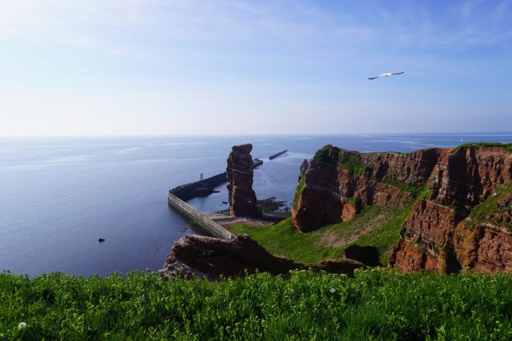 Blick von einer Klippe auf die "Lange Anna" auf Helgoland; rechts davon weitere der roten Klippen, links und dahinter die Nordsee. Über den Klippen fliegt eine einzelne Möwe