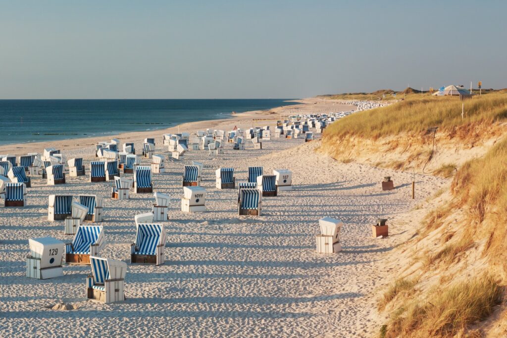 On a long beach, countless white and blue striped beach chairs stand side by side in the light of the setting sun. To the left, the sea borders the beach, and to the right, a grassy dune.
