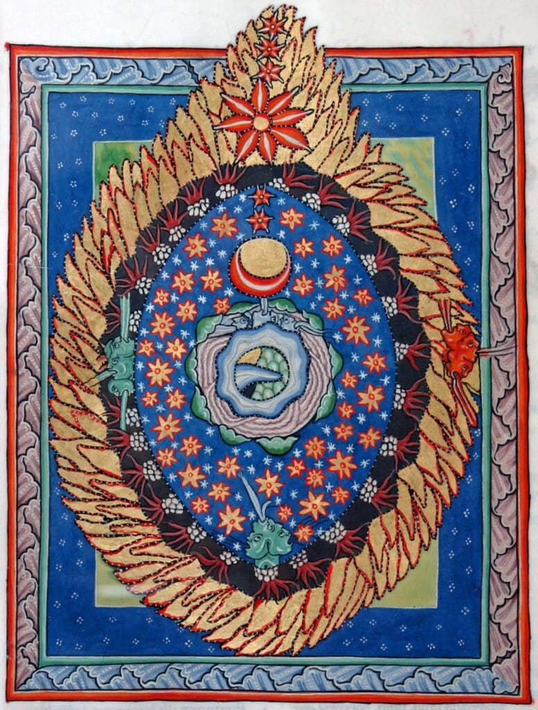 Mittelalterlicher Buchdruck; im Mittelpunkt steht eine ovale Form, deren Rand aus Flammen zu bestehen scheint. Im Inneren eine Art Sternenhimmel, einige pustende Köpfe symbolisieren die Winde. Ganz im Zentrum ein blauer Kreis, darin einige Bäume und Meer.