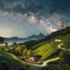 A long exposure of a Bavarian valley at night. On a hill to the left stands a small chapel, a road from left to right is illuminated by long drawn car lights, to the right are some houses. The peaks of the Alps are rising up in the background, the night sky with a clearly visible Milky Way crowns the image.