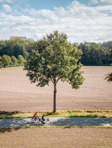 Drohnenaufnahme von zwei Radfahrer*innen auf einem Landweg mitten durch zwei Felder, von linsk nach rechts. Die Felder wirken frisch abgeerntet, am Wegesrand stehen zwei junge Bäume. Hinter dem hinteren Feld grenzt ein dichter Wald an, darüber blauer Himmel mit einigen Wolken.