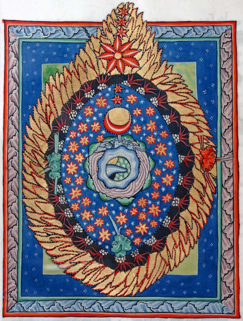 Medieval book printing; the focus is on an oval shape whose edge appears to consist of flames. Inside is a kind of starry sky, with several blowing heads symbolizing the winds. Right in the center is a blue circle containing several trees and the sea.