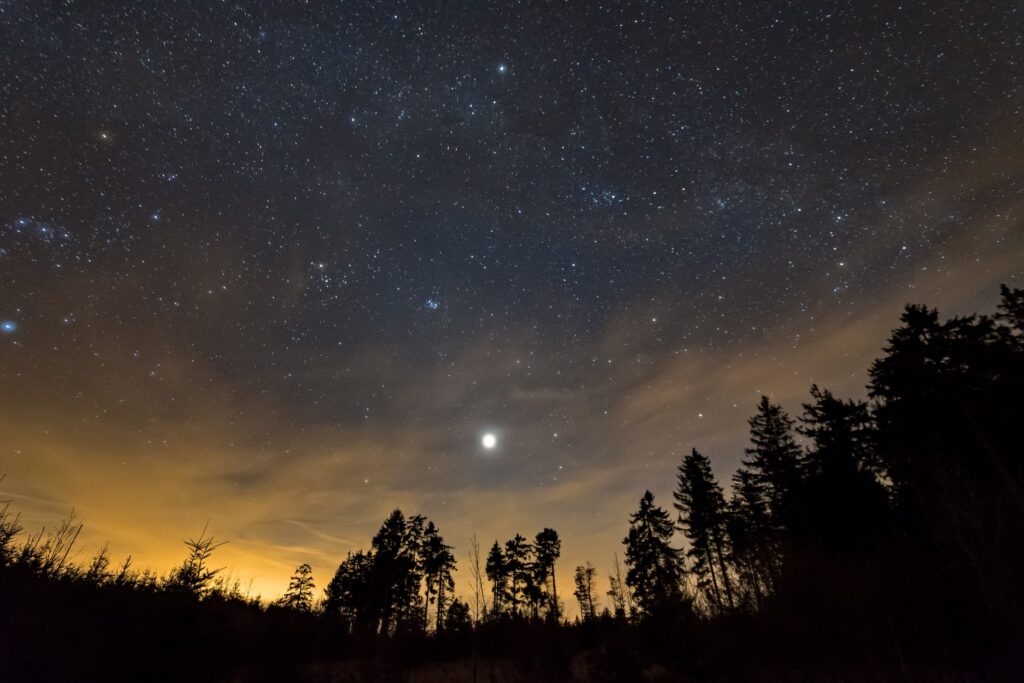 Weitwinkelaufnahme eines klaren Nachthimmels; am unteren Rand zeichnen sich die Silhouetten eines lichten Waldes ab. Der untere Rand des Himmels scheint noch leicht golden. Im Zentrum der Aufnahme steht der Vollmond.