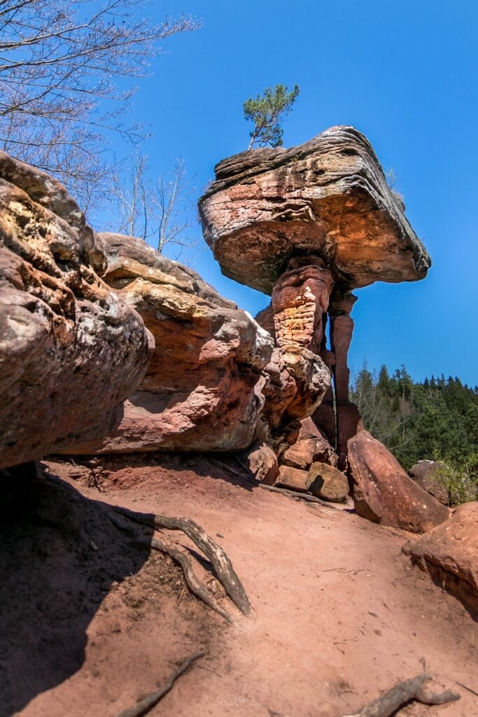 Auf einer roten Sandsteinsäule ruht ein riesiger Sandsteinquader; ein wenig sieht die Formation aus wie ein Tisch. Rundum weitere Sandsteinfelsen, der Himmel darüber blau