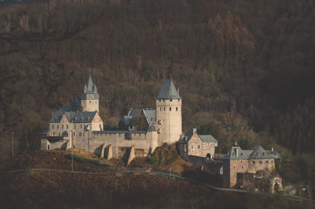 Auf einem Hügel mit kahlem Wald steht eine längliche Höhenburg; links die eigentliche Burg mit zwei hohen Türmen, rechts davon eine kleine Vorburg. Vor der Burg führt ein apshaltierter Weg am Hang entlang.