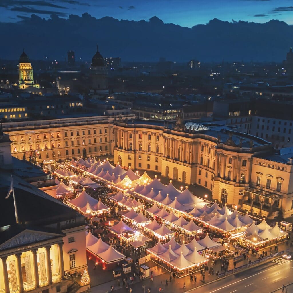 Aerial view of a huge christmas market inside of a palace square. The place is brightly illuminated, the palace as well.