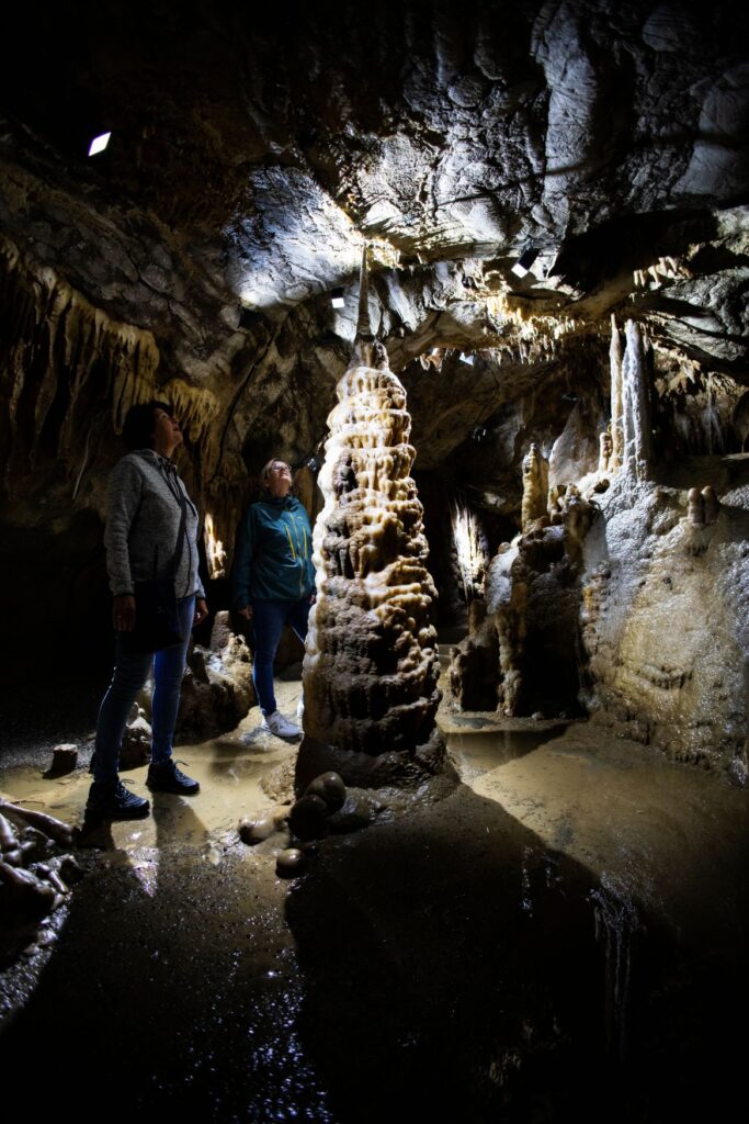 Zwei Personen schauen in einer dunklen Höhle auf die Spitze eines gut zwei Meter hohen Stalagmiten, der von unten angeleuchtet wird.